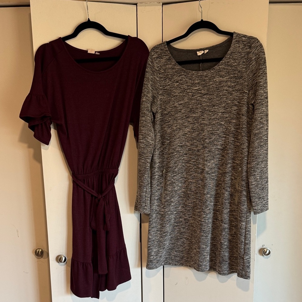 GAP Women's Burgundy Tie-Waist Short Dress & Gray Long-Sleeve Tunic Dress